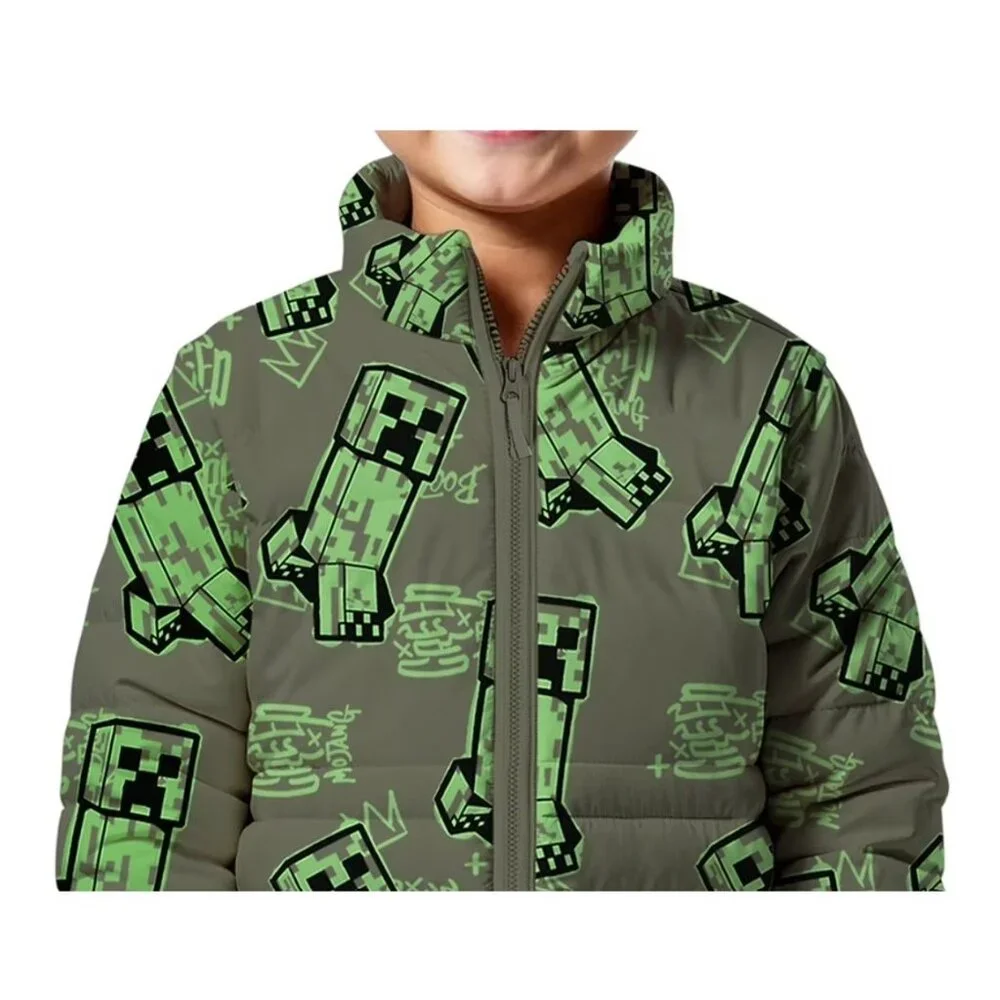 NEW Minecraft Boys Creeper Zip Puffer Jacket Lightweight Size 14 Zippered Size: